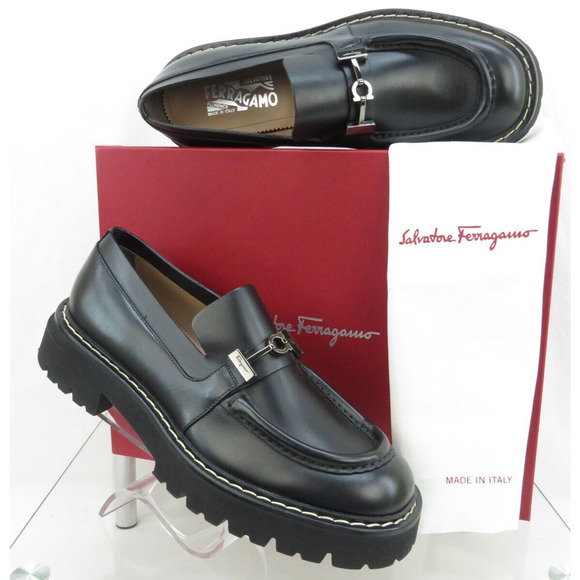 NIB FERRAGAMO IGNAZIO BLACK LEATHER GANCIO BIT LOGO LUG PLATFORM LOAFERS 10 M - Picture 1 of 14